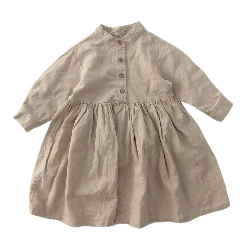 2023 Spring Summer New Children Girls Dress Cute Long Sleeve Cotton and Linen Casual Kids Clothes