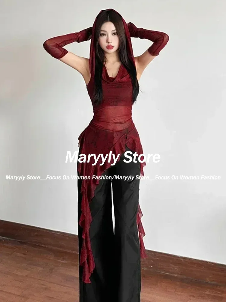 Y2K Vintage 90s Grunge Mesh See Through Hooded Tops Streetwear Irregular Hem Ruffles Hoodie Women Slim Blouse with Cuffs New