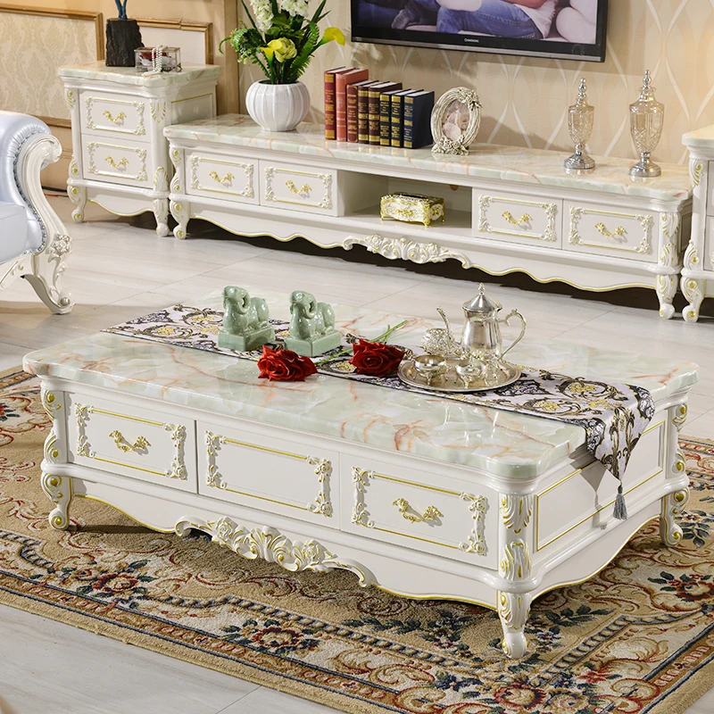 

European solid wood marble coffee table TV cabinet combination living room furniture villa size square carved tea table