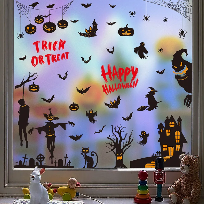 Happy Halloween Haunted House Jack-o-lantern Spider Ghost Electrostatic Stickers Holiday Party Window Glass Glass Door DIY Decor