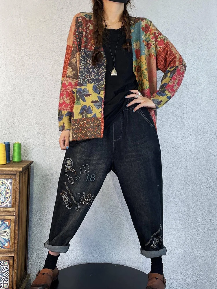 Amax luluE Winter Vintage Printed V-Neck Sweaters Womens Loose Leisure Cardigans Gothic Females Harajuku Pocket Floral Clothing