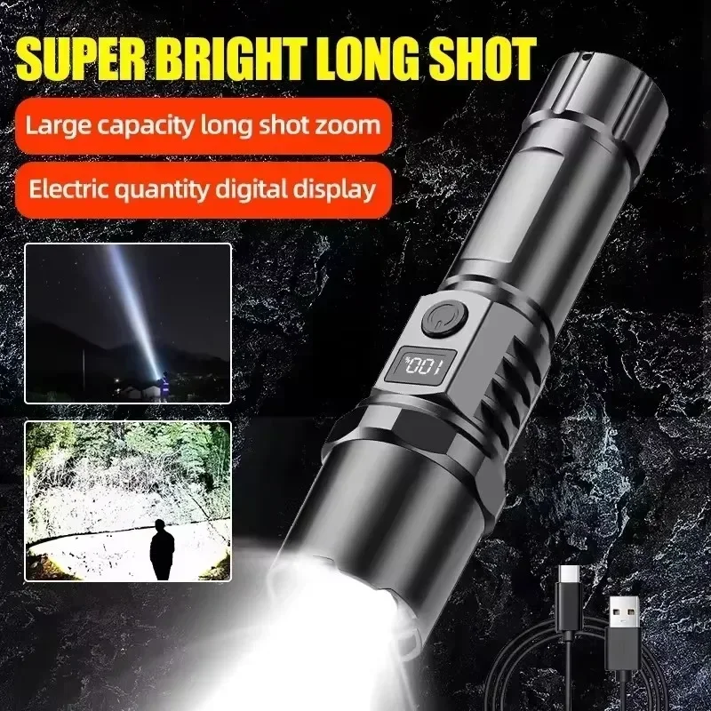 Portable Spotlight LED Flashlight Type-C Rechargeable Zoom LED Tactical Torch Built In Battery Outdoor Camping Fishing Lantern