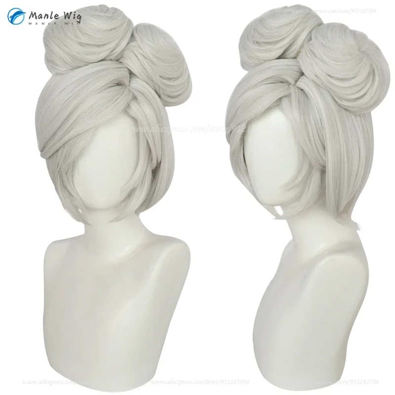 Game purah cosplay wig purah link costume wigs short silver white with buns heat resistant synthetic hair anime wigs wig cap