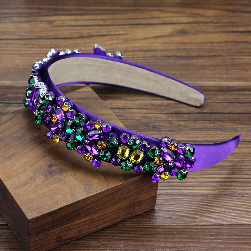 Handmade Luxury Green Purple Crystal Baroque Headbands Shiny Diamante Flower Hairbands For Women Girls Hair Jewelry