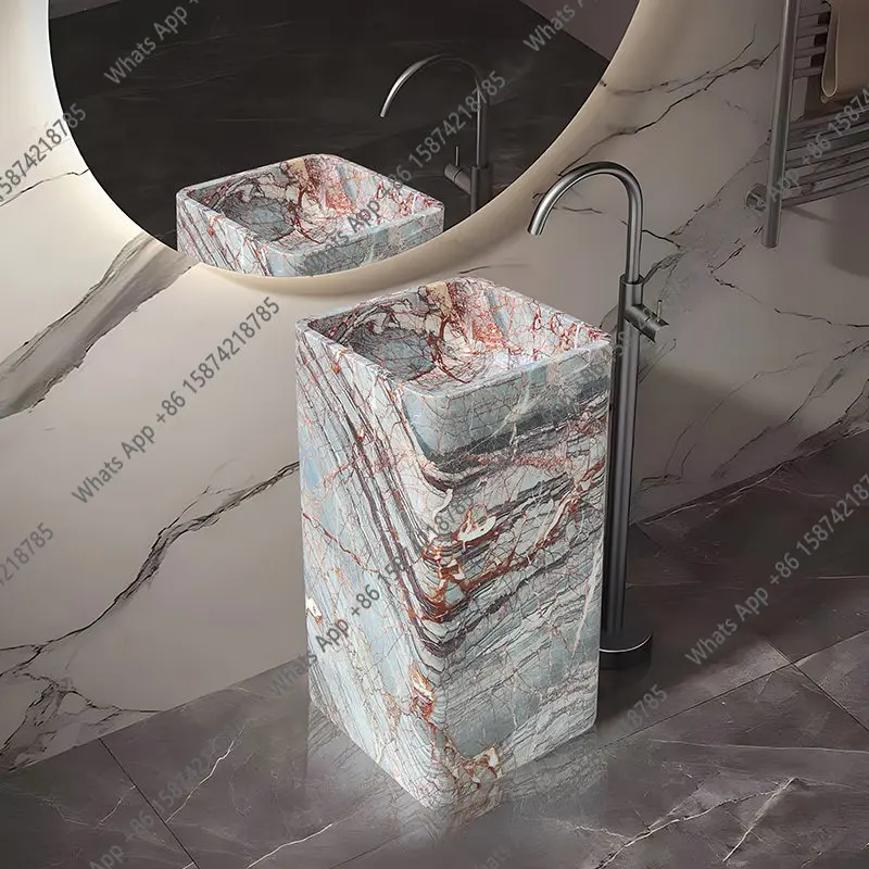 

Natural marble wash basin Home hotel Light luxury square column basin Integrated floor-to-ceiling bathroom wash basin