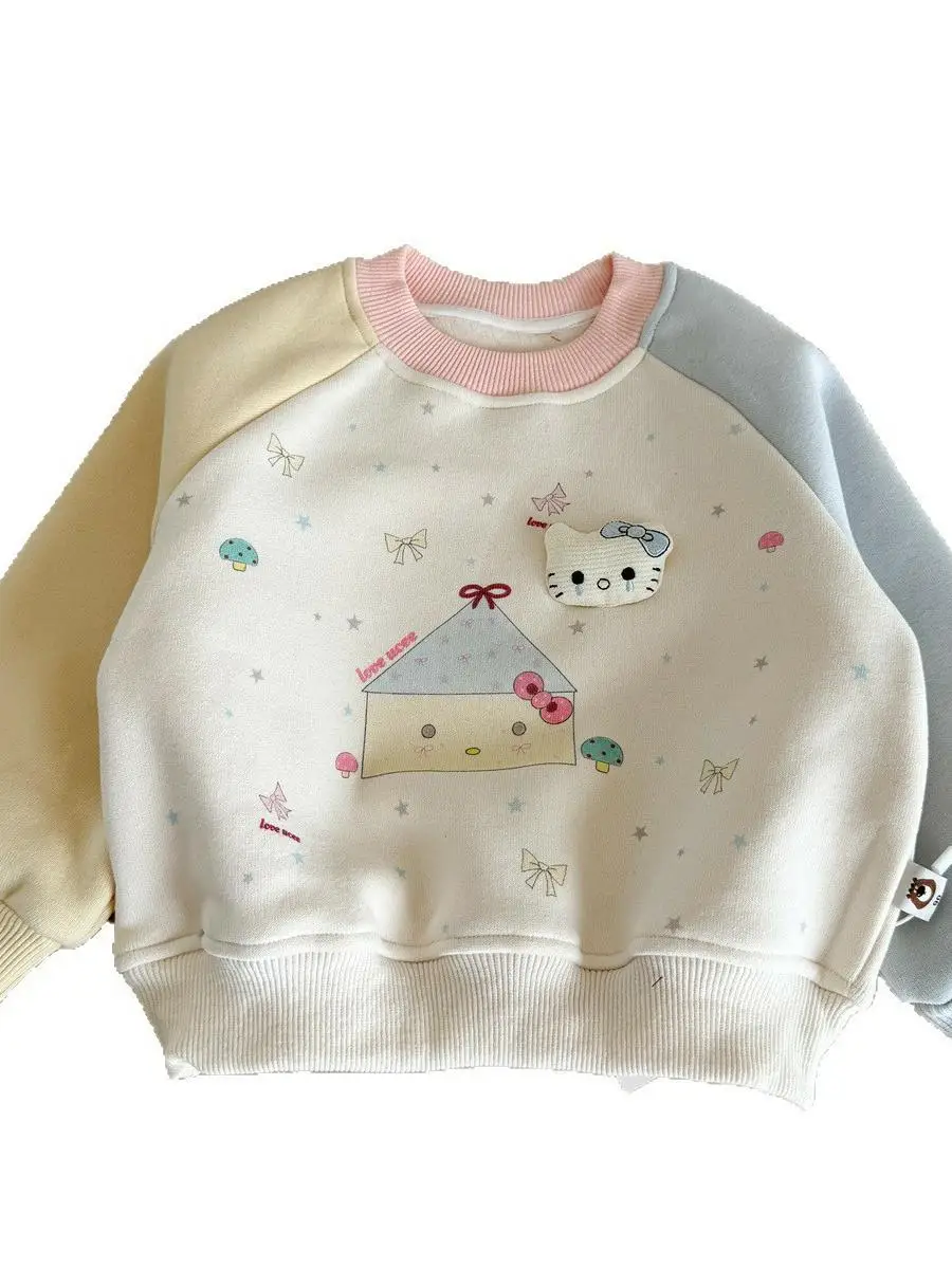 Girls' Cartoon Fce-Lined Long Sve Hoodie Autumn Winter Faion Baby Korean Sle Top Children's Clothing Winter Outfit