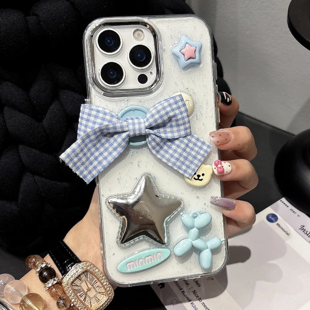 

Transparent Glitter Cute Color 3D Stars Bowknot Phone Case for Iphone 16 14 13 12 11 15 17 Pro Max Plus Silicone Bumper Cover