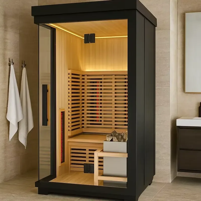 Modern black outdoor combination sauna Canadian hemlock interior spruce exterior painted black