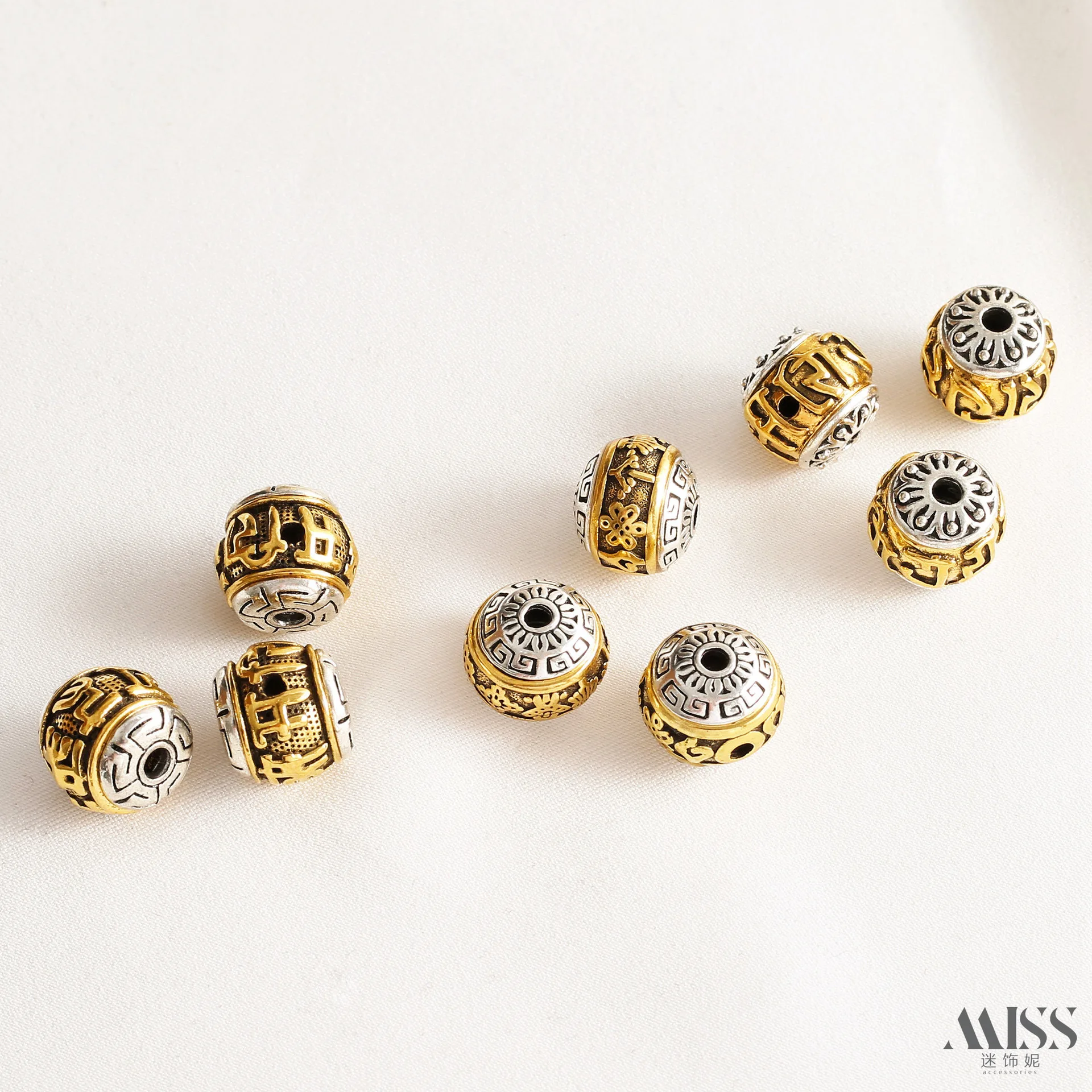 Tibetan Silver Two Tone Drum Beads Lantern Beads Om Mani Padme Hum Pattern Three Hole Spacer Beads For DIY Jewelry Accessories