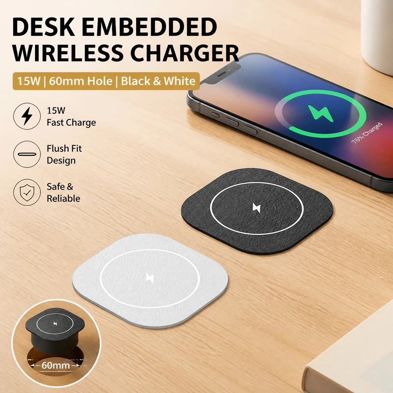 15W Built-in Wireless Charger Flush Mount Desktop Charging Station Black & White , US/EU/UK Plug Fast Charge for Office Home