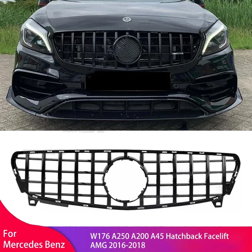 Front Grille Bumper Grill for Mercedes Benz W176 A250 A200 A45 Hatchback Facelift AMG 2016-2018 Gloss Black Cover GT Style Parts