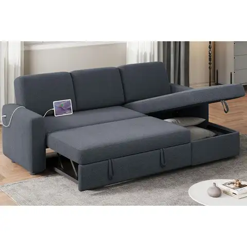 Gray L-Shaped Sectional Sofa with Chaise, USB Ports, Reversible Sleeper, Pull-Out Bed, and Storage for Living Room