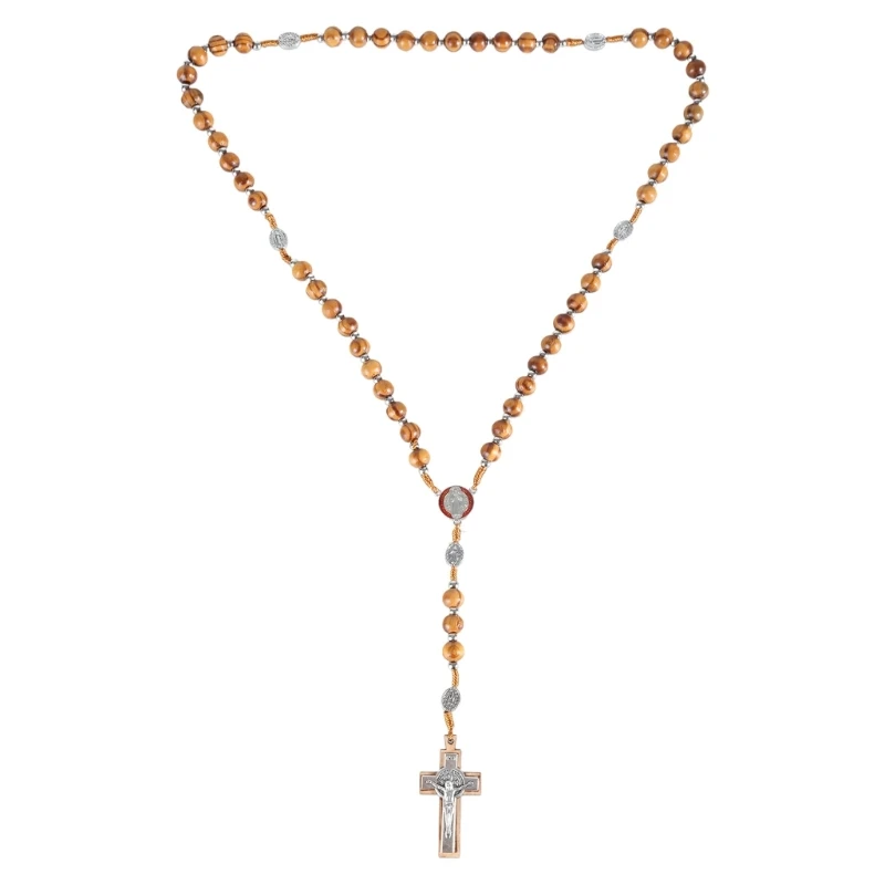 Y1UD Wooden Beads Rosary Necklace Catholic Cross Religious Prayer Handmade Jewelry First Communion Gift for Women Men Charm