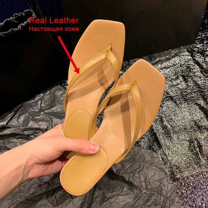 JOZHAMTA Size 34-42 Women Mule Sandals Real Leather Flip Flops Kitten High Heels Summer Shoes Casual Beach Home Slides Slippers