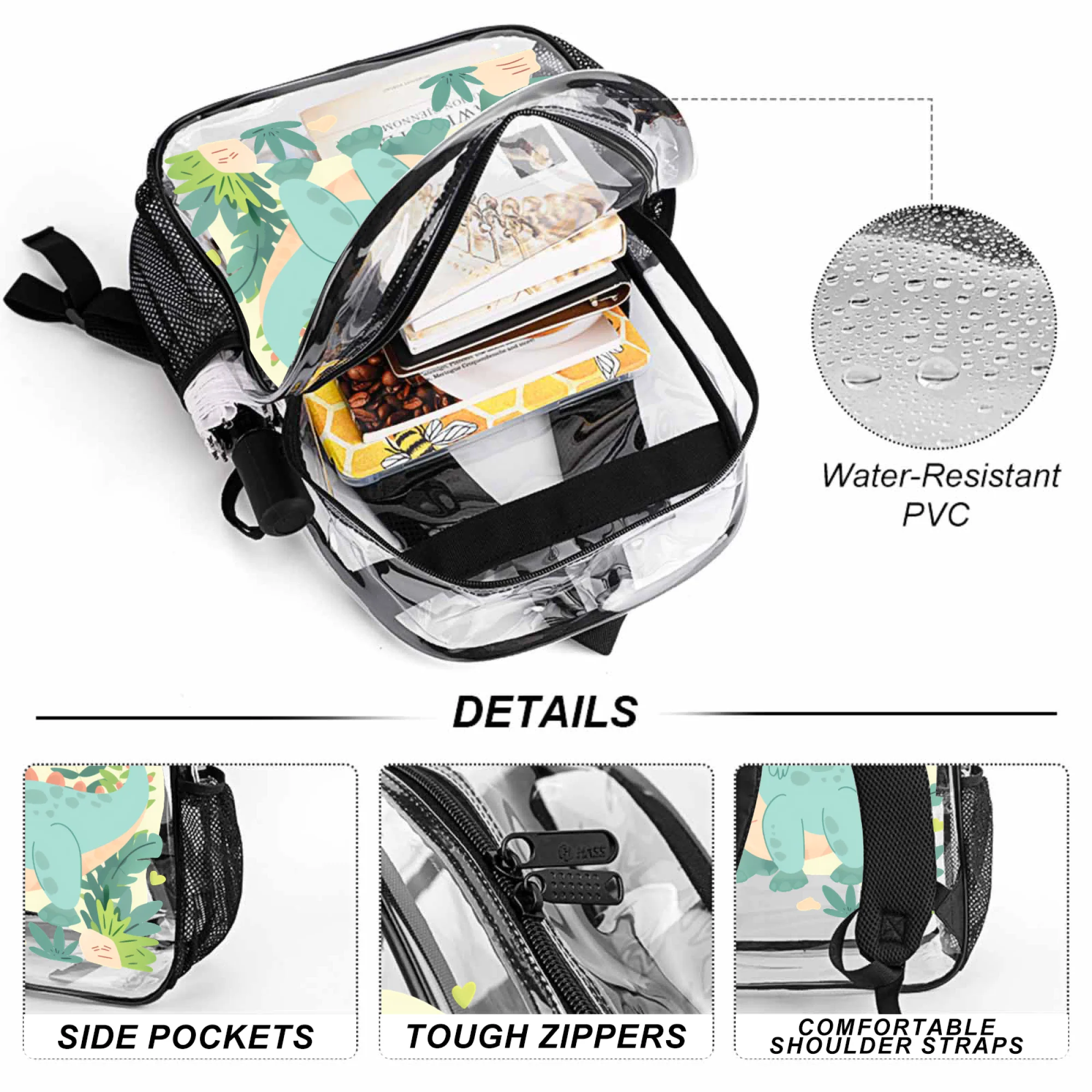 17 Inch PVC See Through Backpack with Blue Dinosaur Plants Print,  Bag Fits 16" Laptop, Side Mesh-Fun Backpack Gift