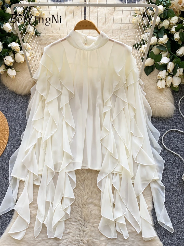 

Beiyingni New Fashion Korean Style Women's Blouses Tops Plain Ruffles Patchwork Thin Mesh French Shirts Female Black Chic Blusas