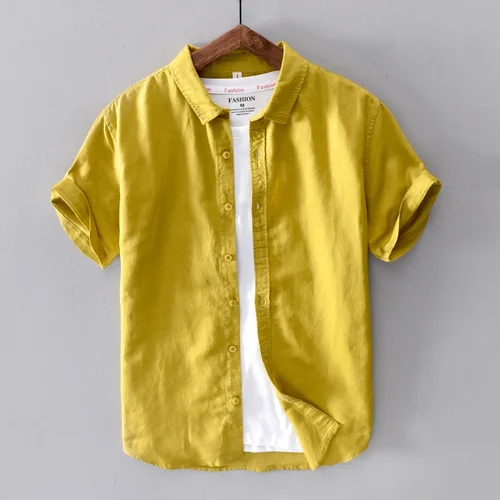 Camisas de manga corta de lino y algodón para hombre, Tops informales a la moda con cuello vuelto amarillo, ropa básica clásica de verano para hombre