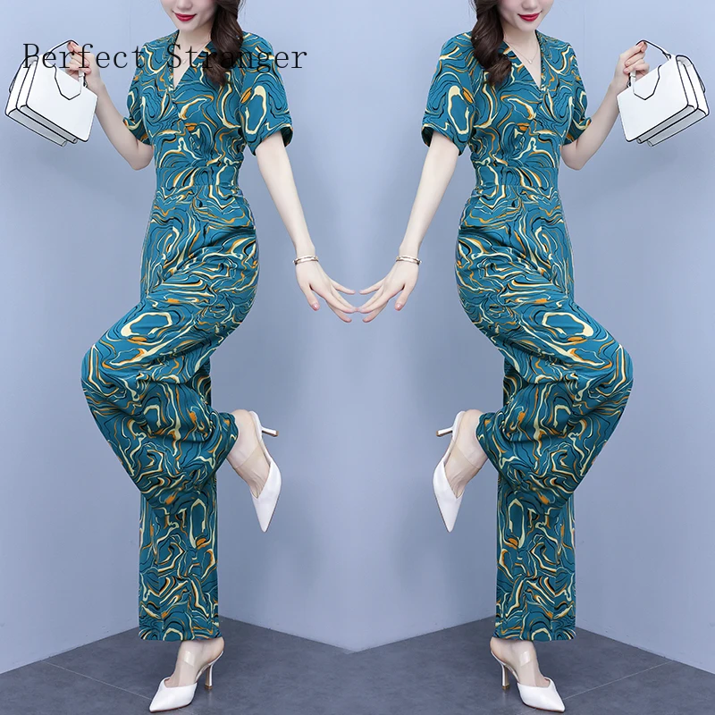 Jumpsuits Women Elegant for Party 2022  Jumpsuit Short Sleeve High Waisted  Printed V Neck Long Rompers Office Overalls