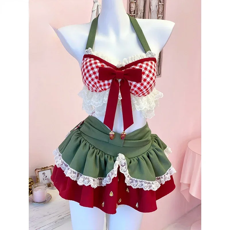 

Sweet Lolita Style 2 Piece Set Women Kawaii Bow Lace Halter Neck Crop Tops Mini Cake Skirts Suit Female Korean Y2k Beach Outfits