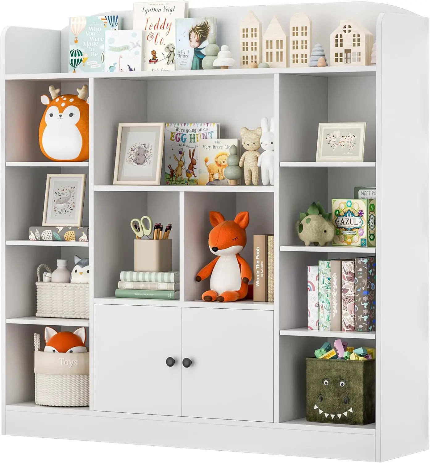 Bookshelf, Kids Bookcase with 11 Cubbies and 2 Cabinets, Freestanding Book Storage Shelves for Bedroom, Playroom, Hal