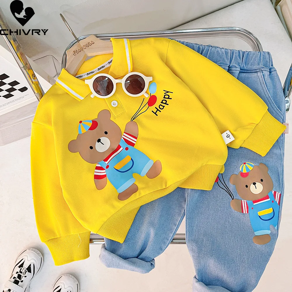 Desenhos animados do bebê urso lapela manga longa polo tops com calças jeans, conjuntos de roupas infantis, bonito, novo, primavera, outono, 2023