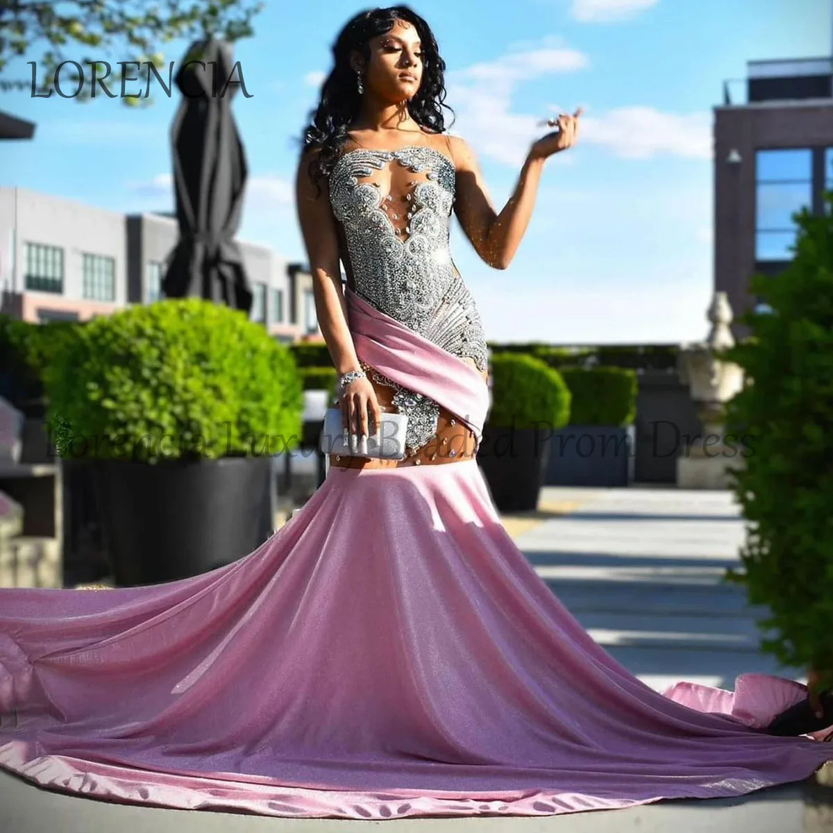 2024 Pink Long Mermaid Prom Dresses For Black Girls Diamonds Beads Crystals Evening Party Gown Formal Sleeveless robes de soirée