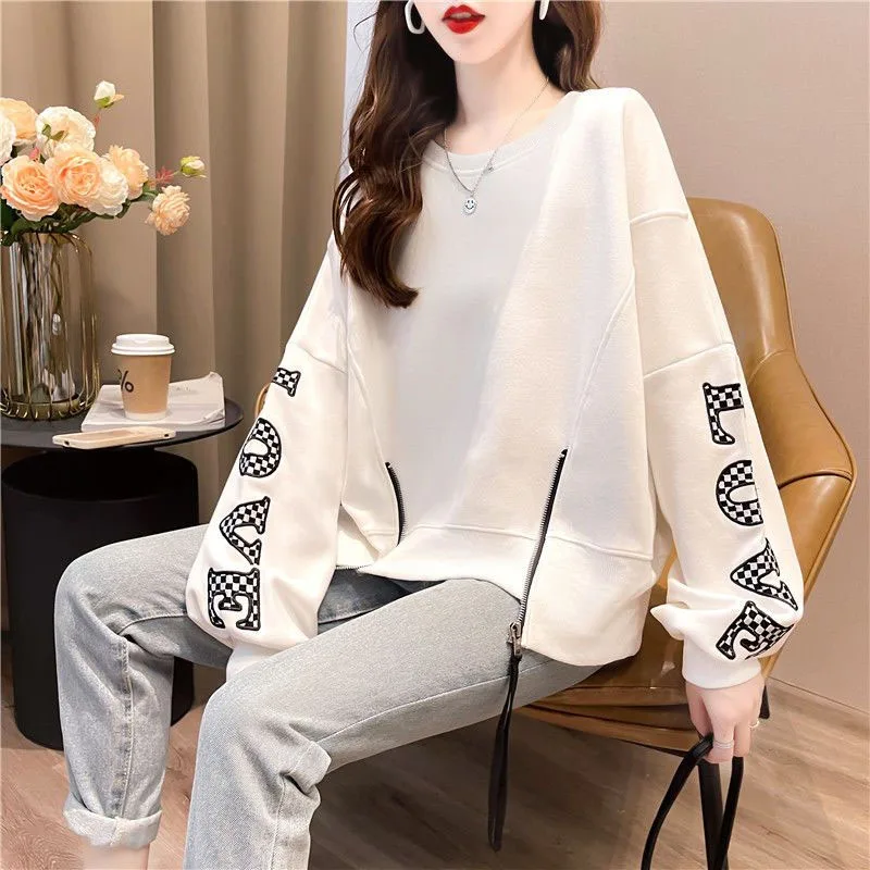 New Spring and Autumn Korean Embroidery Lazy Fashion Zipper Round Neck Thin Loose Versatile Female Student Long Sleeve Sweater