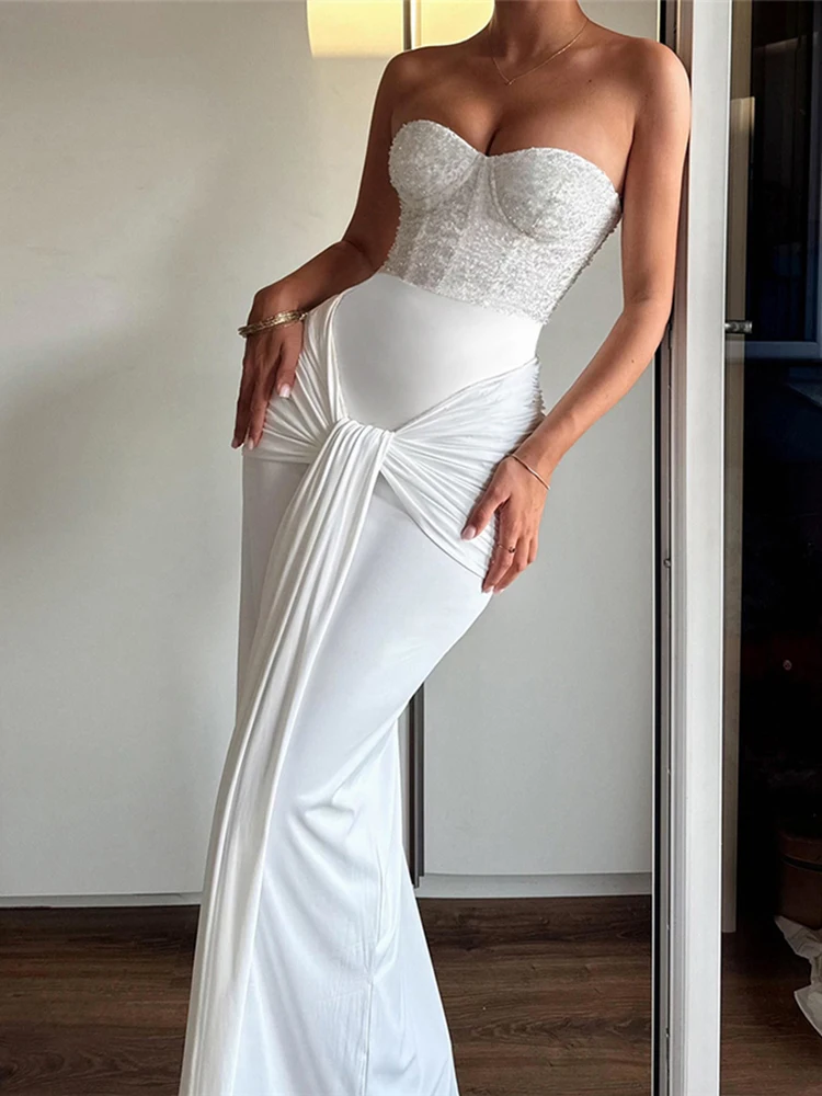 スパンコールパッチワークバックレスノットリボンラップヒップミッドナイトプロムパーティーエレガントロングボディコンシスターリンダセクシーストラップレスドレス女性