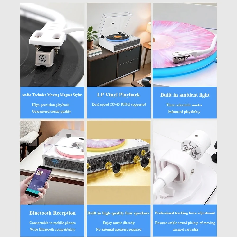 All-in-one Moving Magnet Turntable with AT3600L Stylus Built-in Speakers 7-color Ambient Lights Bluetooth 5.3 33/45 RPM Speed