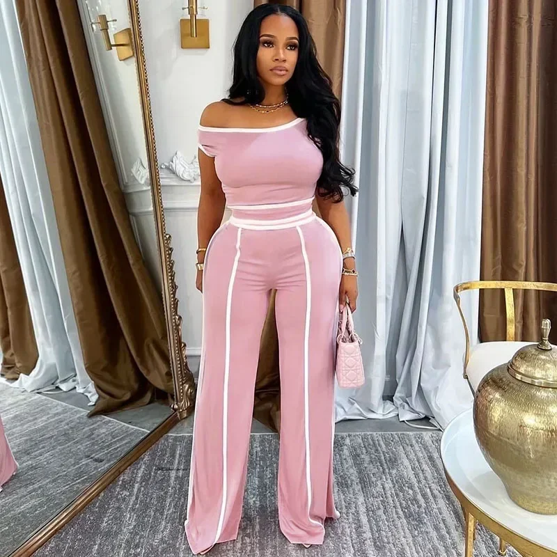 

Casual Striped Summer Outfits Women 2 Piece Set Outfit Sporty Fitness Crop Top and Wide Leg Pants Joggers Matching Sets Ensemble