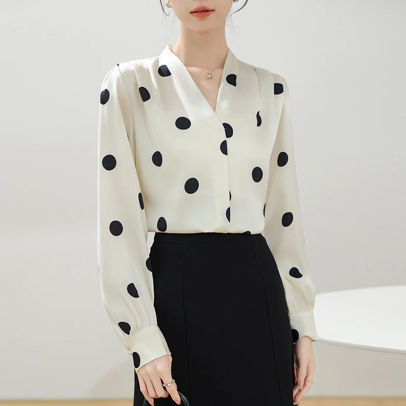 

Fashion Polka Dot Women's Shirt Elegant Long Sleeve V-Neck Simple Blouse Spring Autumn Tops Vintage Casual Female Clothing