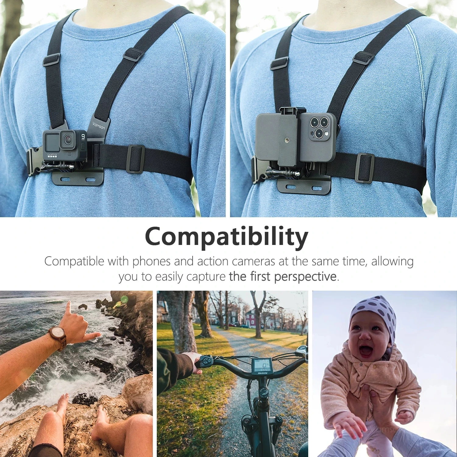 Vamson Chest Strap for Insta360 X3 GoPro 12 11 10 Harness Belt for CellPhone Mobile Phone Stand for iPhone CellPhone Accessories