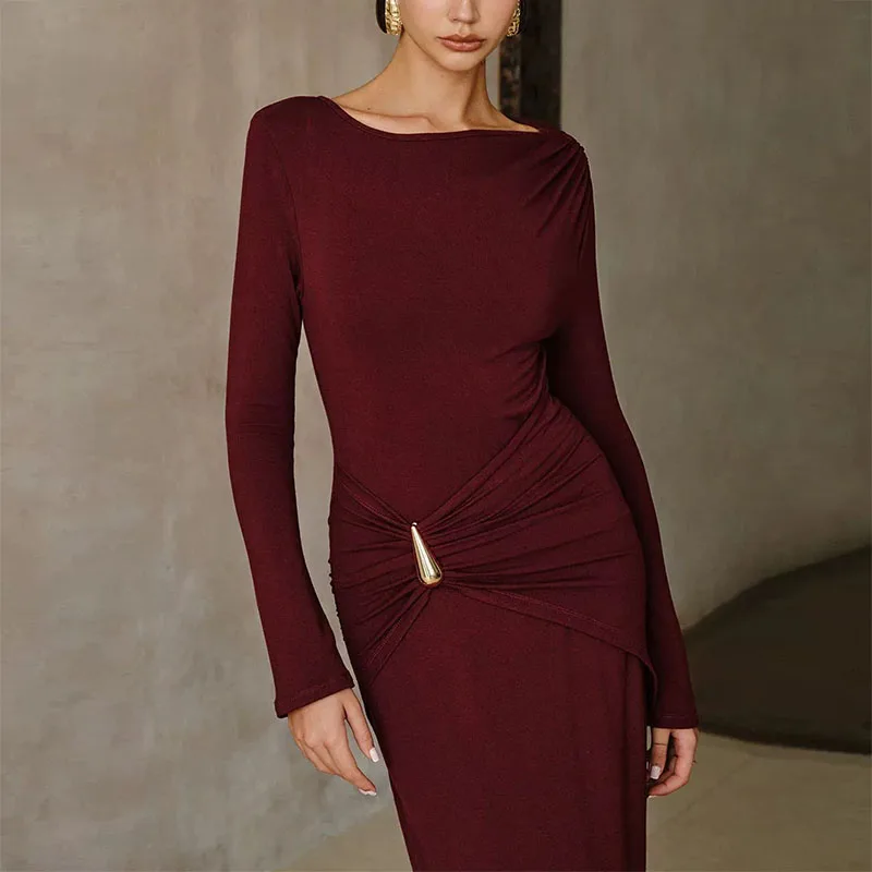 

Elegant Lady High Waist Wrap Hips Long Dress 2025 New Fashion Pure Color Slim Banquet Dress Sexy Long Sleeve Twist Evening Dress