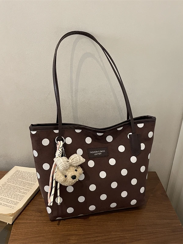 Fashionable Retro Matte Women's Shoulder Bag Large Capacity Commuter Polka Dot Handbag Tote Bucket Bag Soft PU Leather