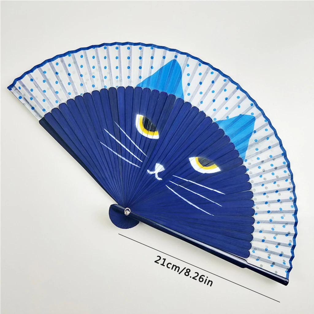 Japanese Style Folding Hand Fan for Women, Cat Pattern Bamboo Silk Fan, Great for Cooling Decor Party Church Wedding Gift - view 3