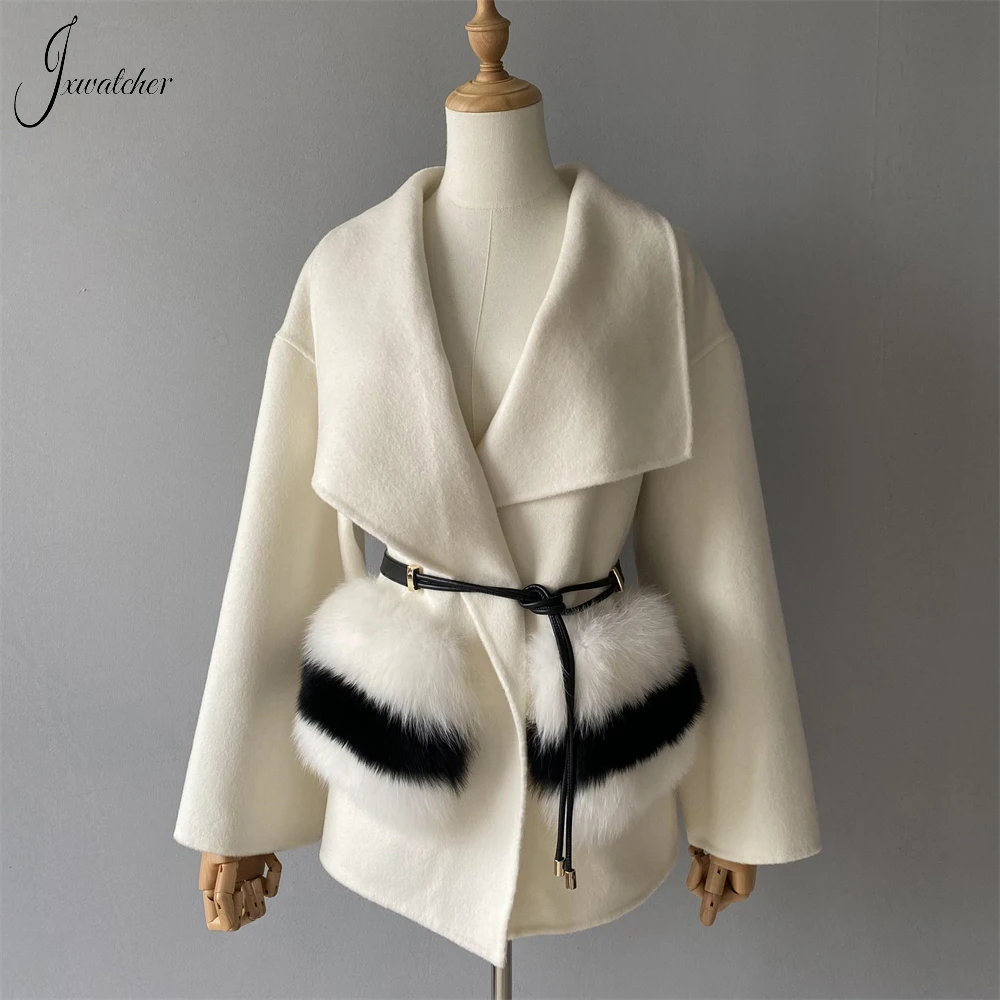 Jxwatcher Wool Coats for Women Real Fox Fur Pocket Ladies Fashion Double Face Cashmere Jacket with Belt Autumn Winter Coat New