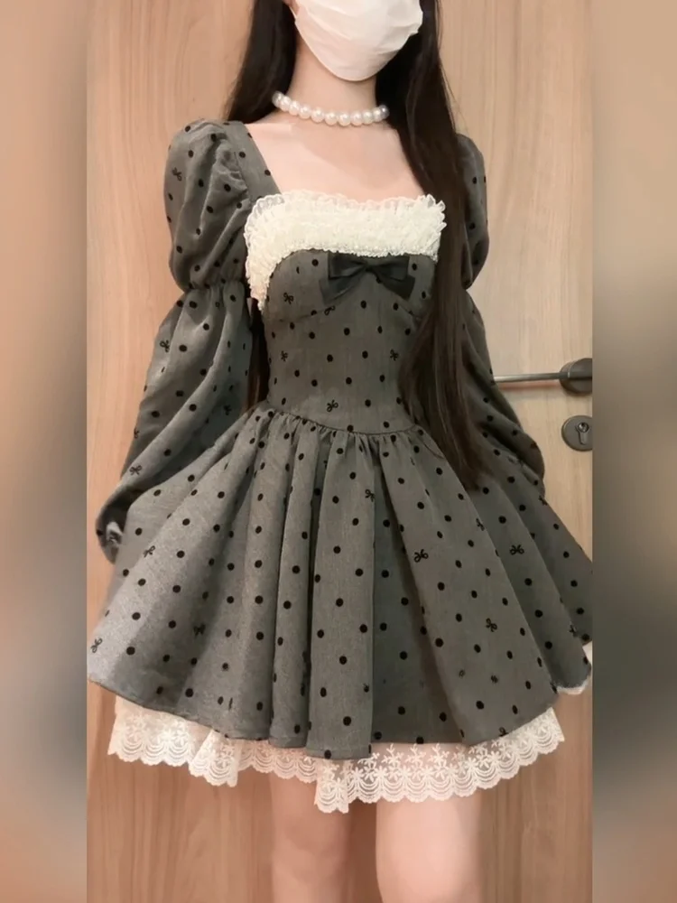 

Sweet And Spicy Polka Dot Long Sleeve Dress Waist Cinched Fluffy Short Skirt for plus Size Women French Style A-Line Dress