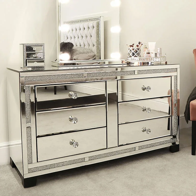 Living Room Furniture Mirror Locker with 6 Drawers Silver Crushed Diamond Cabinet