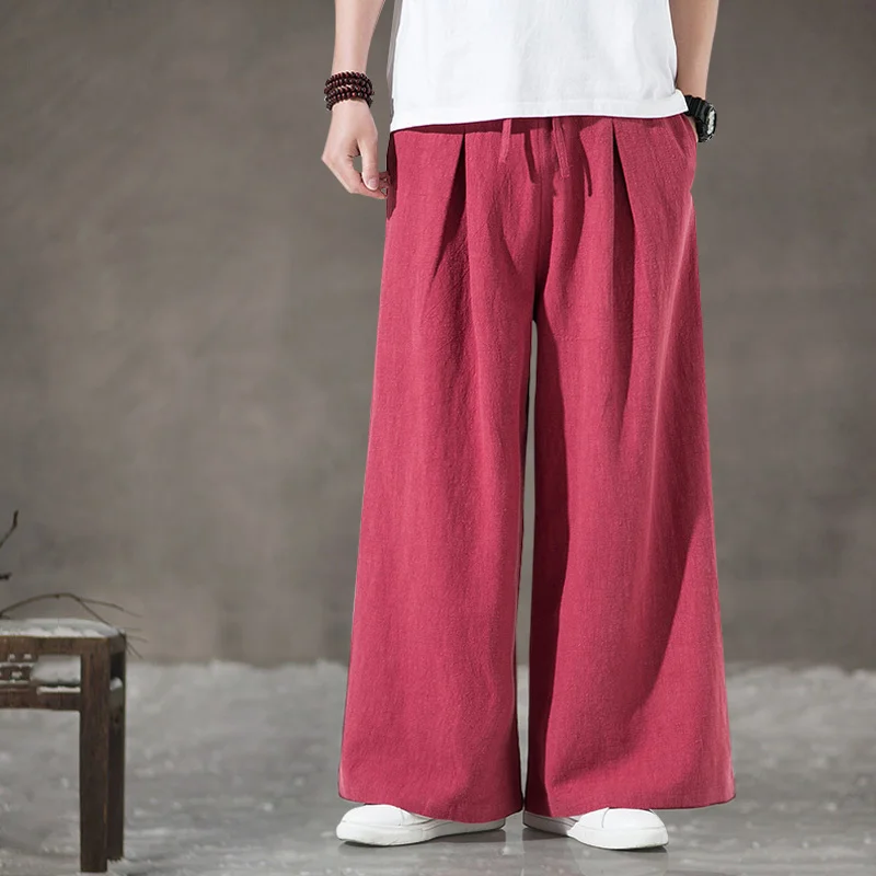 Chinese Style Loose Plus Size Linen Pants Retro Oversized Casual Wide Pants Men Clothing Ethnic Style Tai Chi Trousers Male