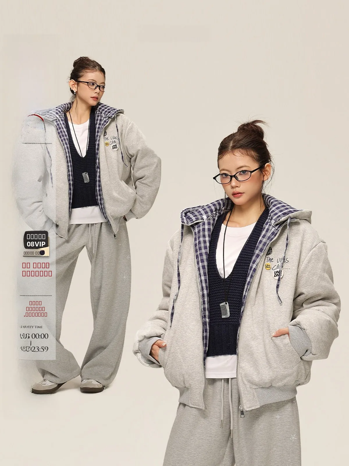 

AceStudios Winter Thiened American Retro Plaid Splicing Hoodie Cotton Jaet Bae Loose Outerwear Women's Clothing