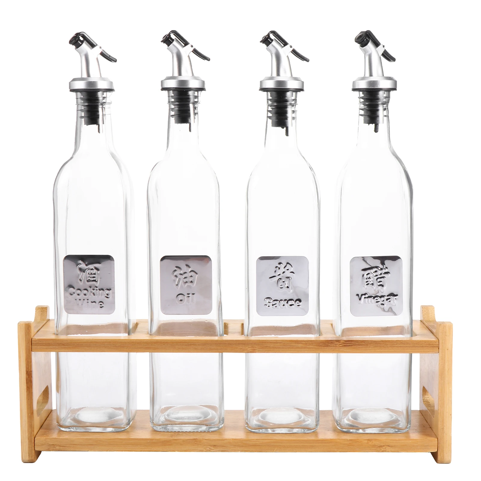 

5Pcs Wooden Storage Rack Thickened Glass Bottle Kitchen Tidy Oil Vinegar Soy Sauce Seasoning Container