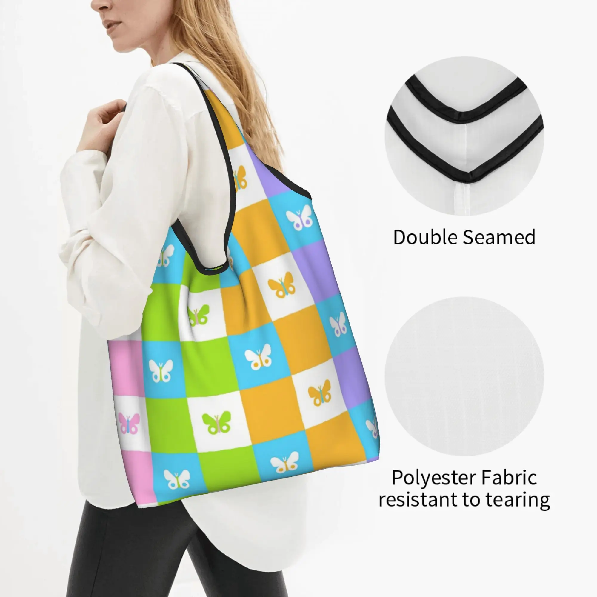 Recycling Checkered Plaid Colourful Square Butterfly  Shopping Bag Women Tote Bag Portable  Groceries Shopper Bags