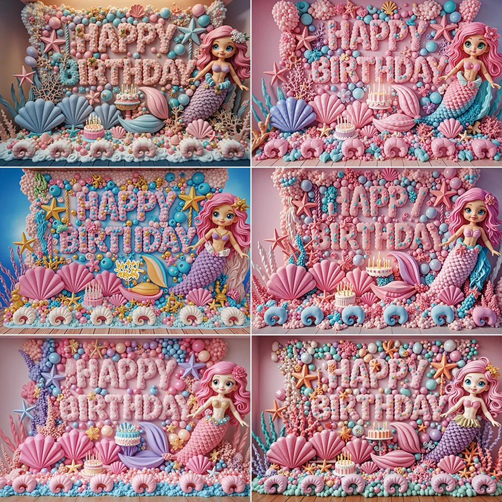 MOON.QG Pink Dreamy Little Mermaid Birthday Photography Background Pearl Cake Flowers Photocall Backdrop Baby Photo Studio Props