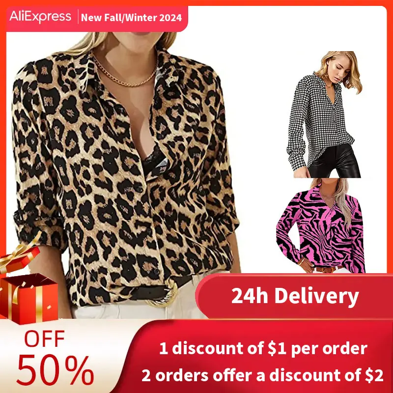 Blusa sexy com estampa leopardo feminina, casual de manga comprida, tops com botões, camisa grande, lapela solta, terno da moda, 2023