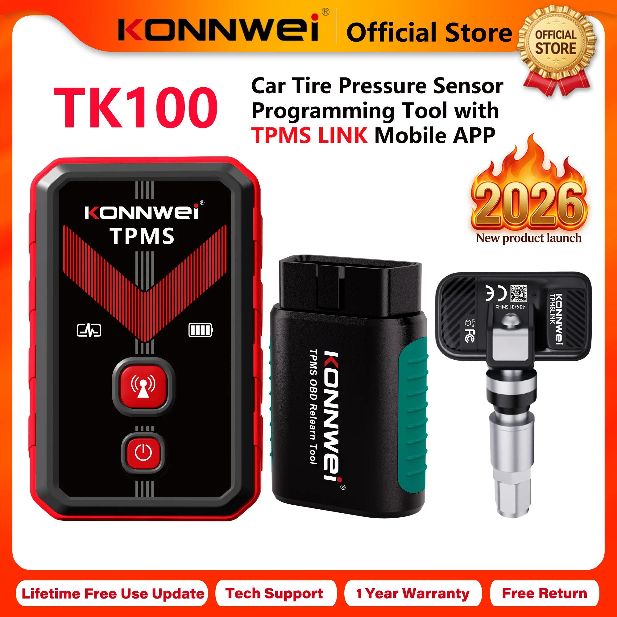 2026 KONNWEI TK100 Car Programable TPMS Sensors OBD Relearn Tool 433MHz315MHz Programing CELL PHONE Tire Pressure Monitor System