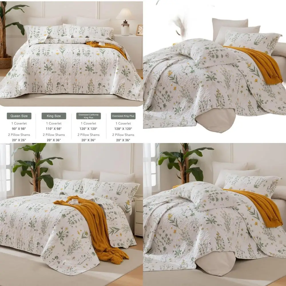 

Cotton California King Bedding Set, Oversized 128x120, Floral & Green Leaf Patterned Cottagecore Coverlet, 3-Piece Yellow Shabby