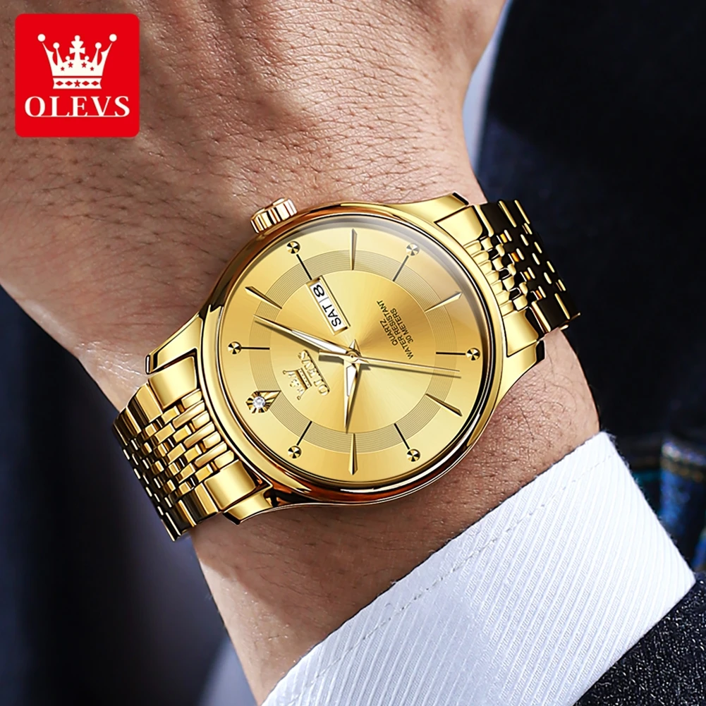 OLEVS Gold Watch for Men Original Quartz Watch Luxury Elegant Week Date Luminous Waterproof Stainless steel Men\'s Watches Trend