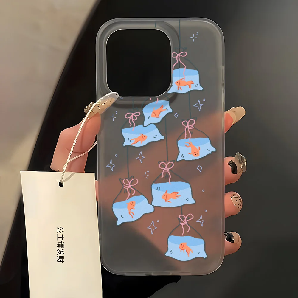 한국어 Ins 귀여운 물고기 전화 케이스 iPhone 13 16 15 11 12 14 Pro Max Plus 12 13 미니 매트 반투명 충격 방지 소프트 커버