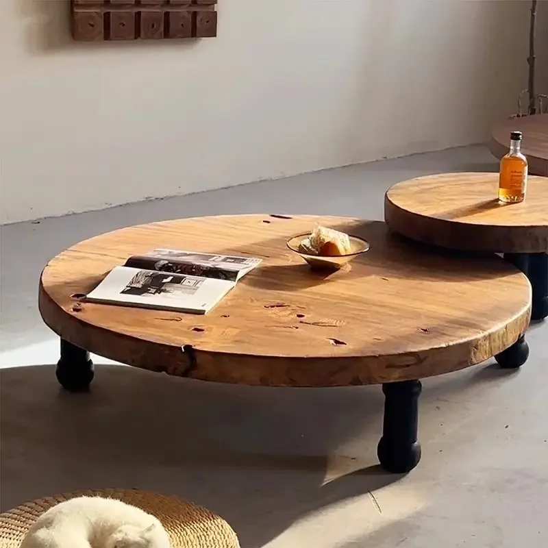 modern, simple small round table wabi-sabi wind, coffee table combination, solid wood homestay designer, creative low tea table