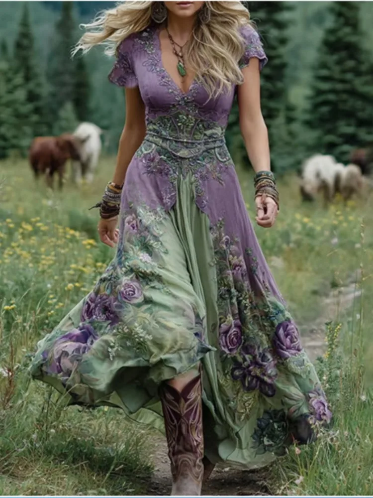 

Mujer Ethnic Floral Print Patchwork Vintage Dresses Woman Sexy Deep V Neck A-Line Long Dress Summer Short Sleeve Boho Maxi Dress